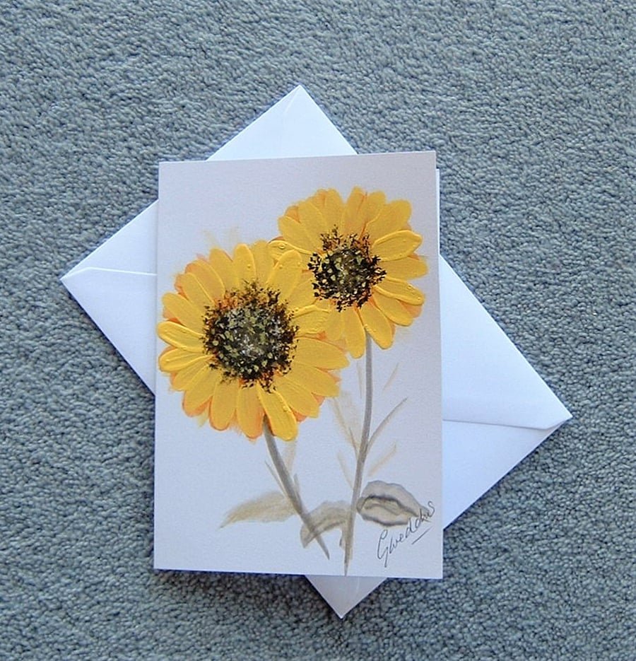 sunflower original art hand painted blank greetings card ( ref F 253 )