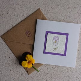 Hand painted card - viola pansy - recycled card and envelope - blank inside