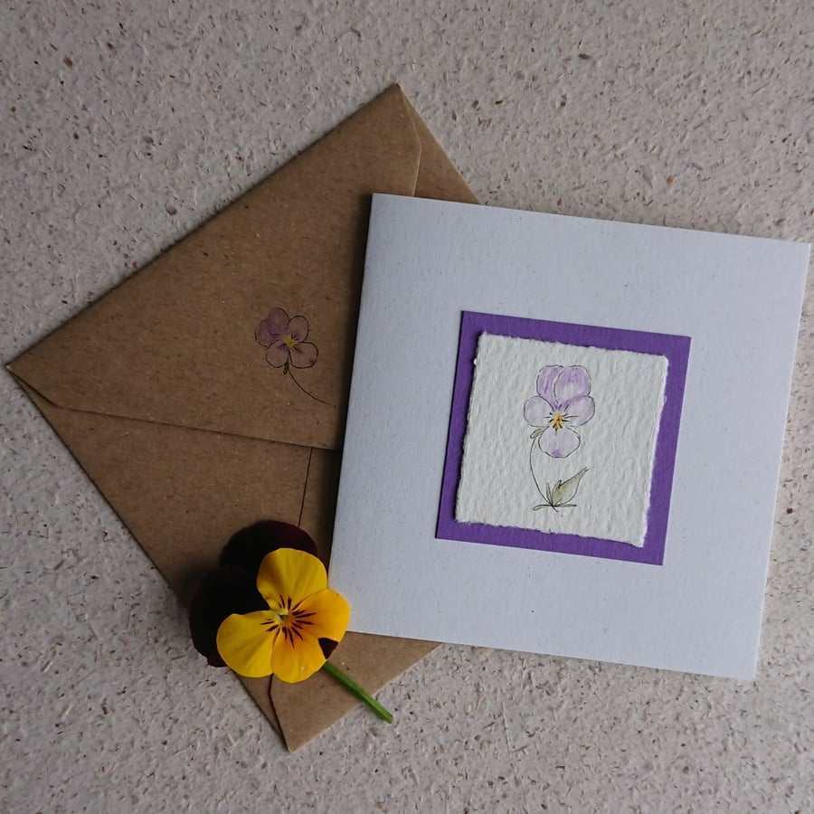Hand painted card - viola pansy - recycled card and envelope - blank inside
