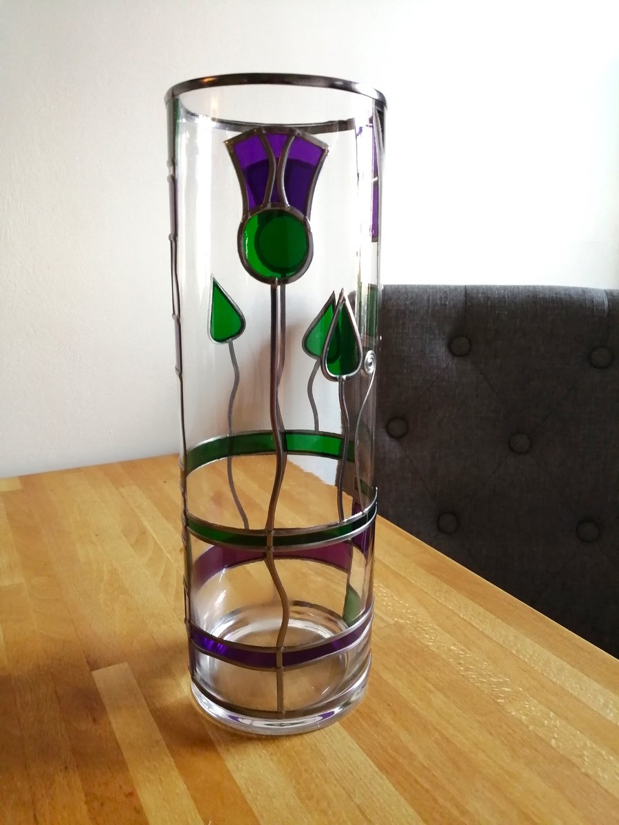30cm Tall Scottish Thistle Stained Glass Leaded Design Glass Vase. Only 1