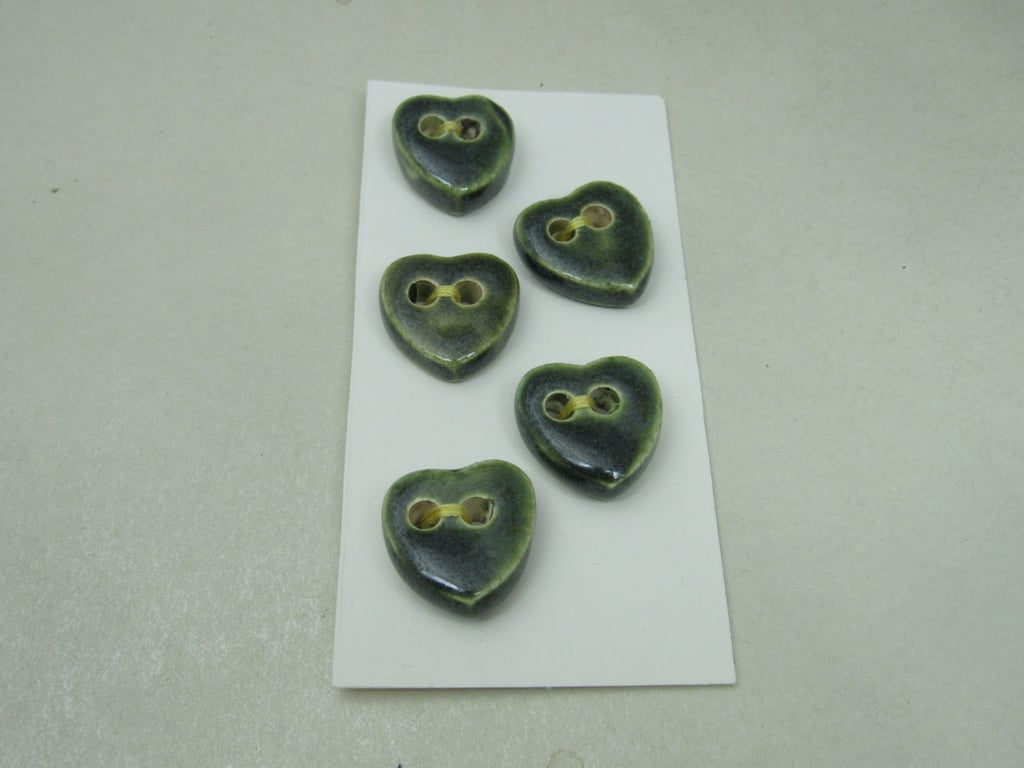 5 Small Heart Shaped Forest Green Ceramic Buttons