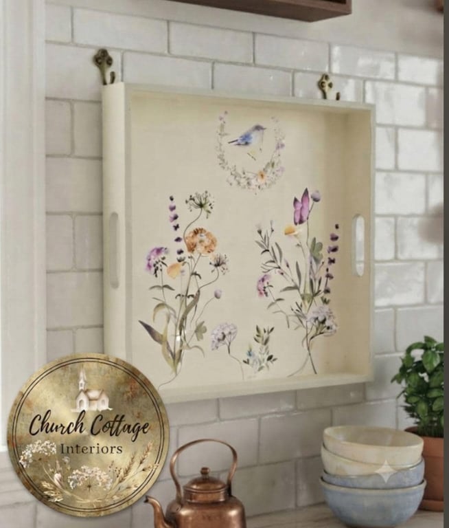 Botanical Wall Hanging Tray: Clotted Cream, Ochre Wildflowers (Upcycled)