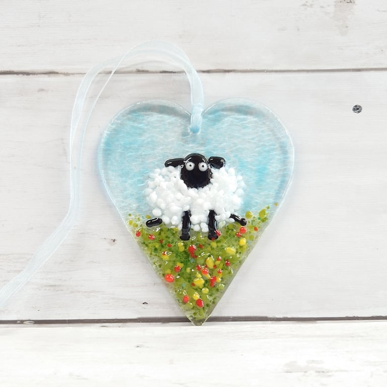 Cheeky Sitting Sheep Suncatcher; Handmade Fused Glass Sheep Decoration