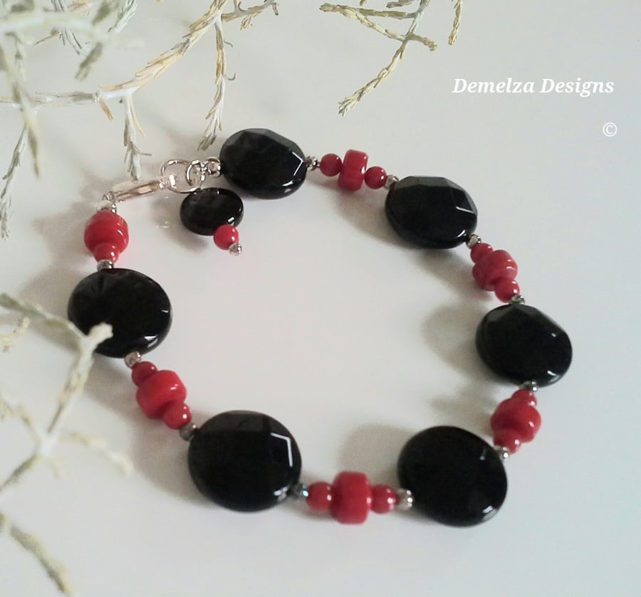 Statement Eco Coral & Faceted Large  Black Onyx Sterling Silver Bracelet