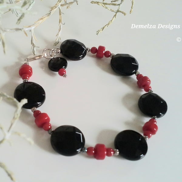 Statement Eco Coral & Faceted Large  Black Onyx Sterling Silver Bracelet