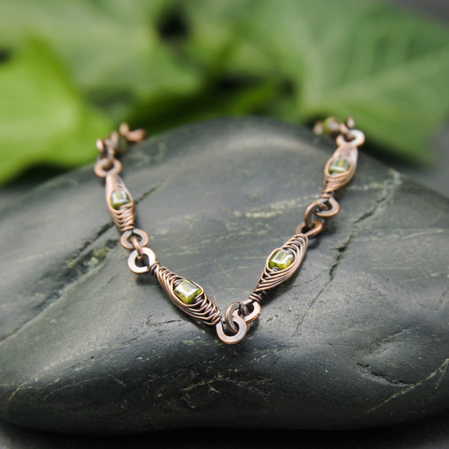 Herringbone Wire Weave Chain Bracelet with Olive Green AB Glass Cube Beads