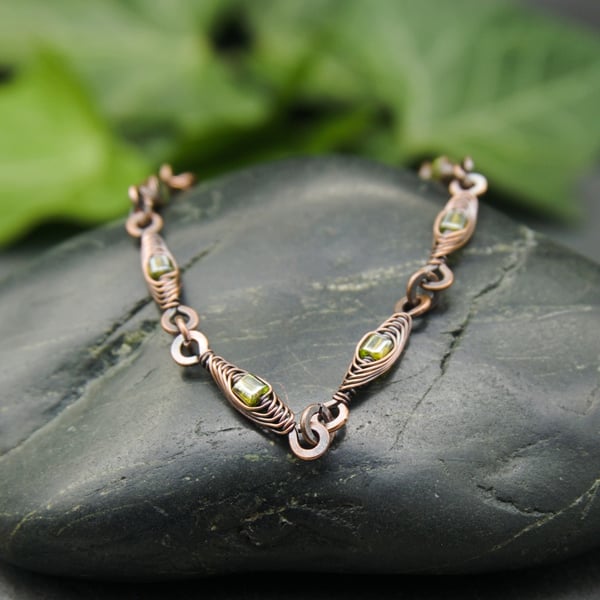 Herringbone Wire Weave Chain Bracelet with Olive Green AB Glass Cube Beads