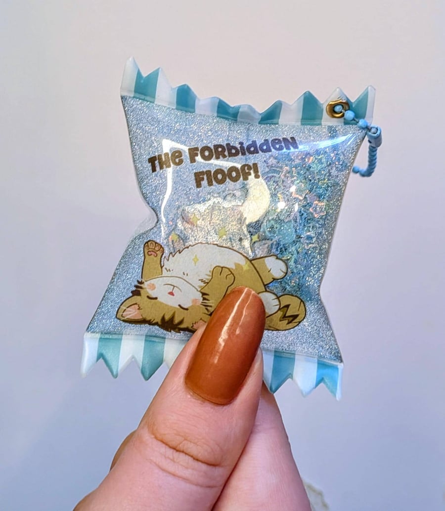 Forbidden Floof Cat Acrylic Shaker Keychain, Glitter Candy Bag Charm, 
