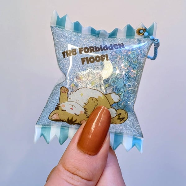 Forbidden Floof Cat Acrylic Shaker Keychain, Glitter Candy Bag Charm, 