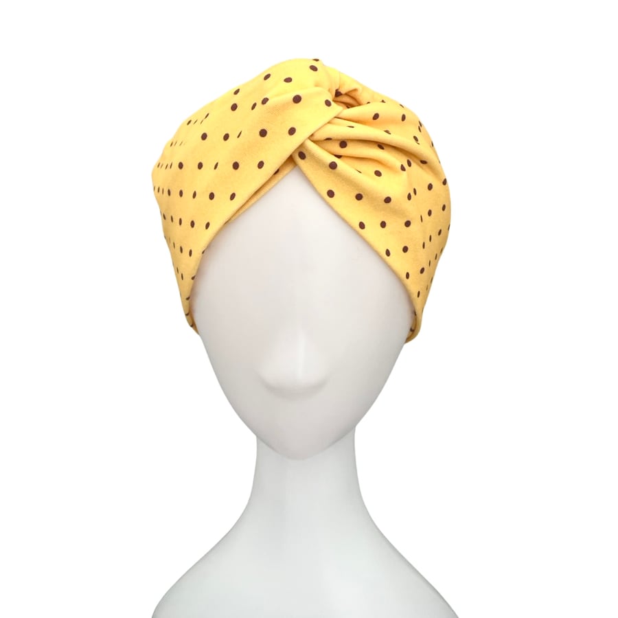 Yellow Dotted Twist Headband for Women, Wide Adult Turban Head Wrap Hairband