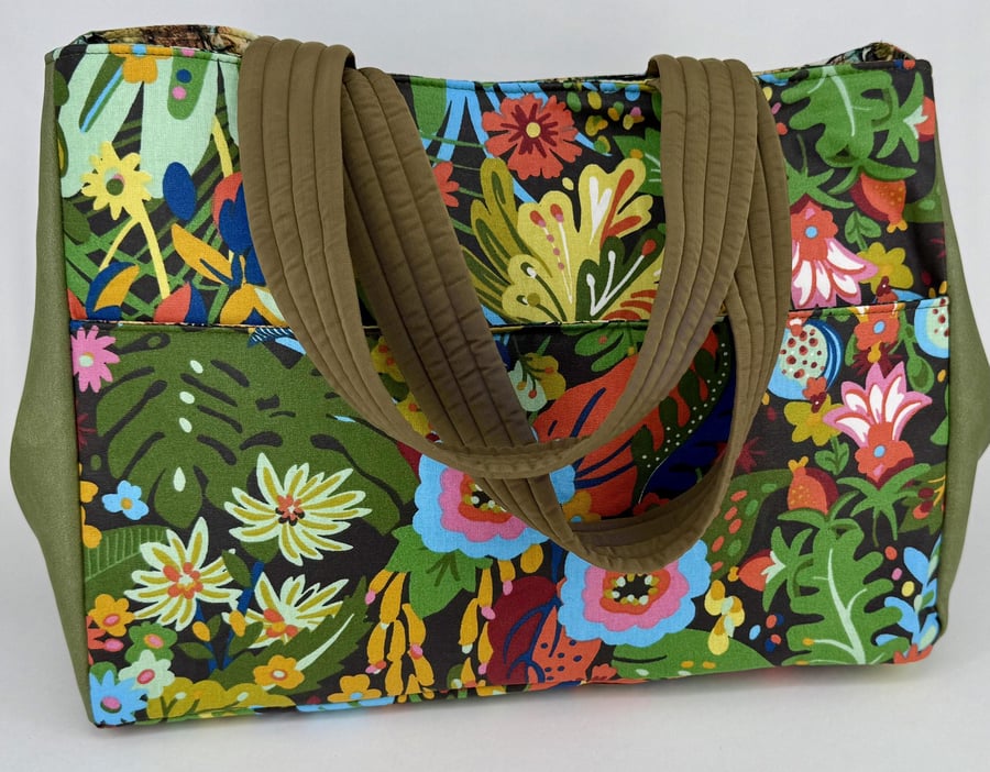 Handmade green floral cotton oilcloth fully lined tote bag with pockets