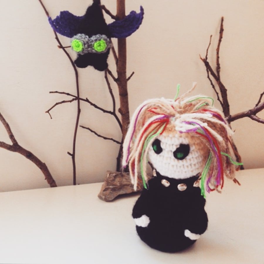Goth, zombie, cyberpunk crochet figure, amigurumi