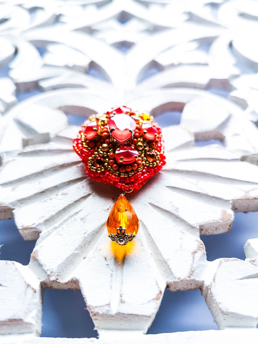 Swarovski crystal embellished beaded coral red brooch badge accessory