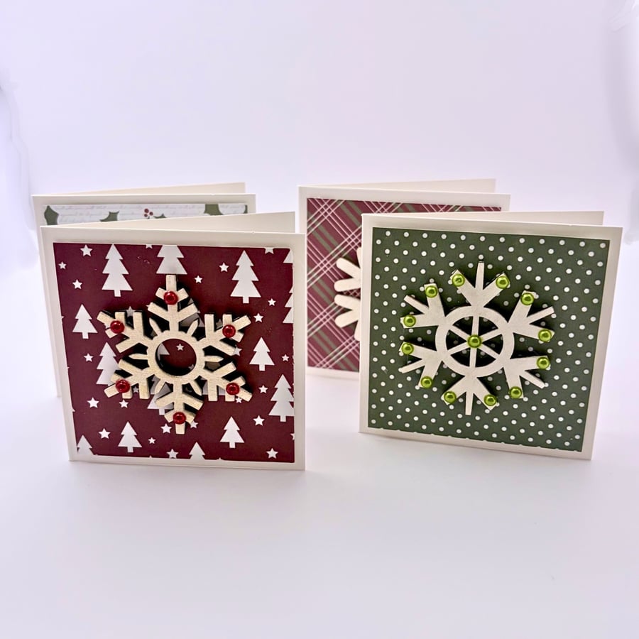 Handmade Festive Snowflake Mini Cards -Wooden & Pearl Boxed set of 4