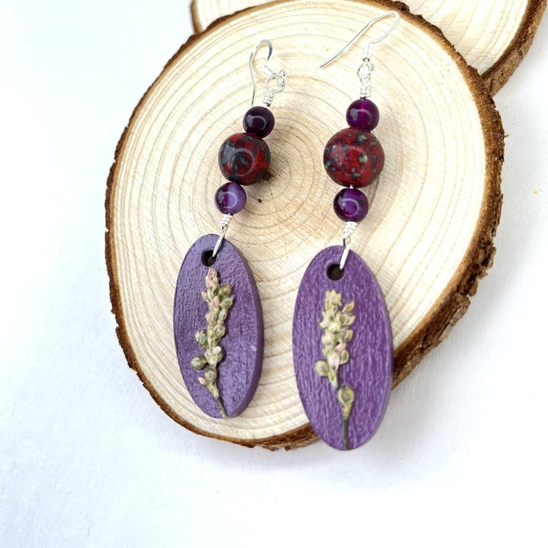 Real Pressed Flower Sliver Plated Dangle Wood and Bead Purple Earrings
