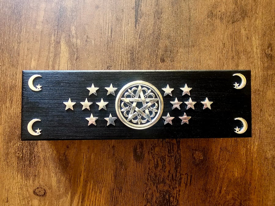 Pentagram and celestial wooden pencil case, jewellery, trinket or keepsafe box
