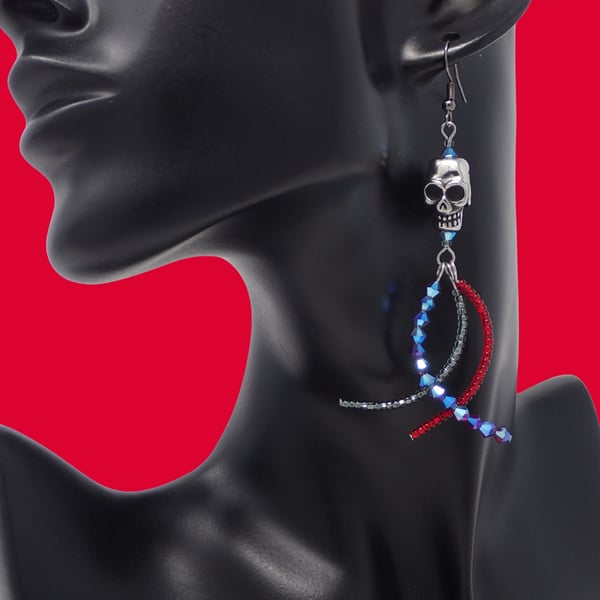 Long Dangle Sparkly Red and Black Skull Earrings