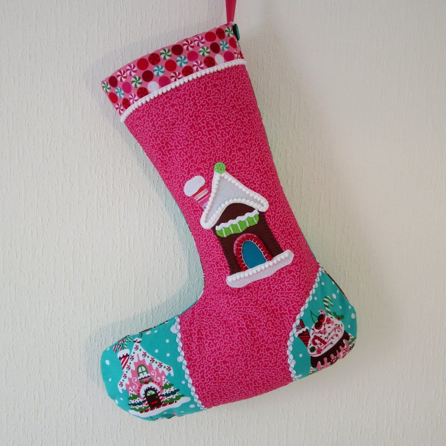 Personalised Appliqued Christmas Stocking - Gingerbread House