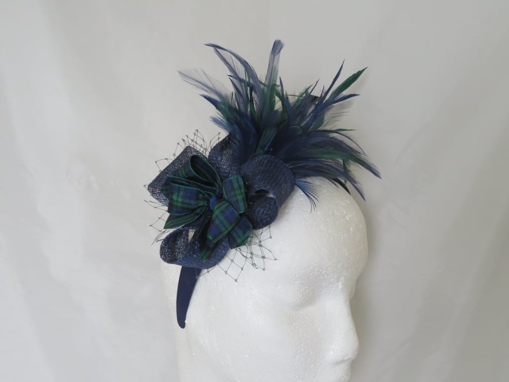 Navy Blue & Dark Bottle Green Feather Plume Black Watch Tartan Headband 