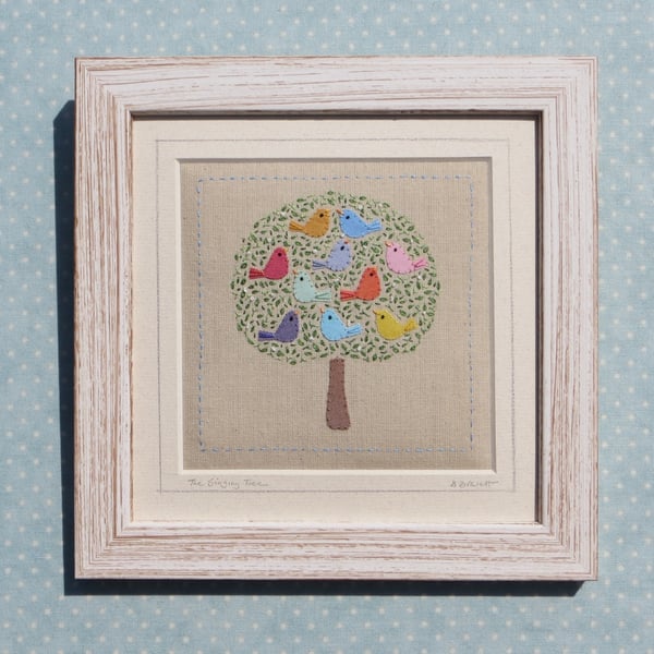 The Singing Tree, a small framed hand embroidered work, detailed and happy!