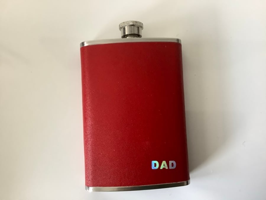 Red Leather covered  8oz Stainless Steel Dad Hip flask , Ideal Father’s Day gift