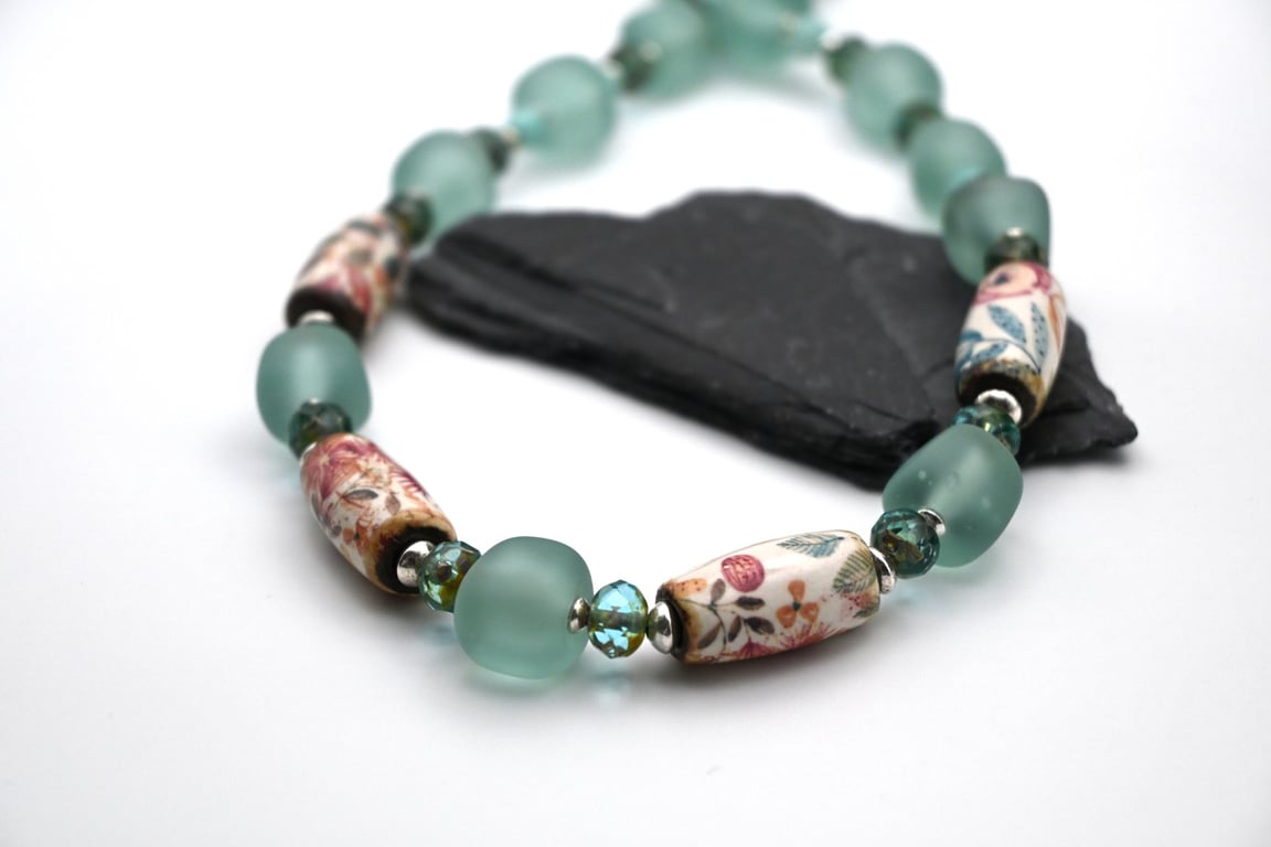 aqua lampwork glass and ceramic beaded necklace
