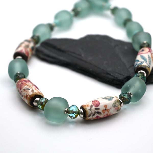 aqua lampwork glass and ceramic beaded necklace