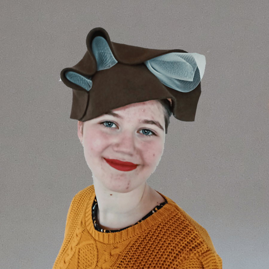 Brown Percher hat with crinoline rose