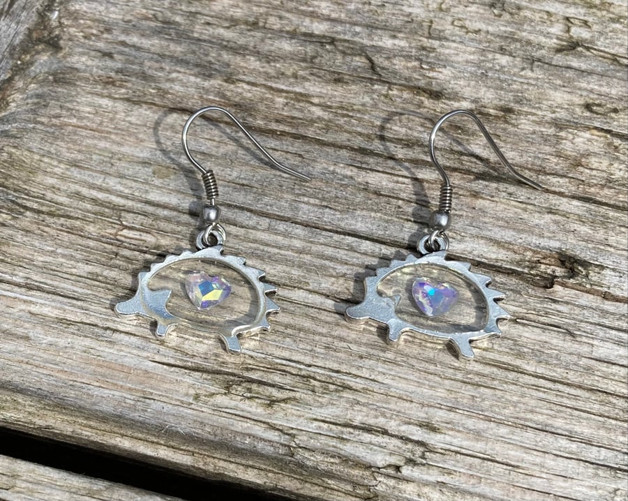Hedgehog shaped earrings with heart shaped Swarovski Crystal 