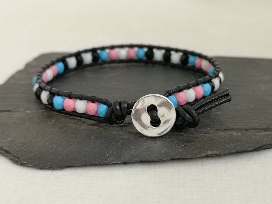 Trans ally bead and leather bracelet, LGBTQ 