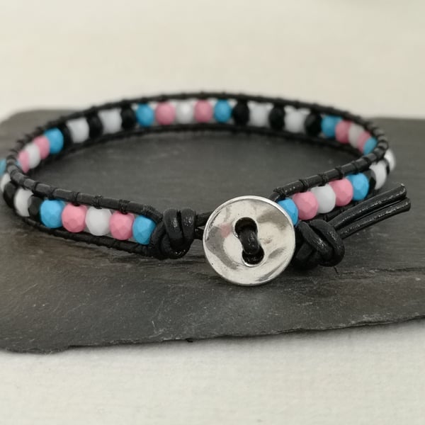Trans ally bead and leather bracelet, LGBTQ 