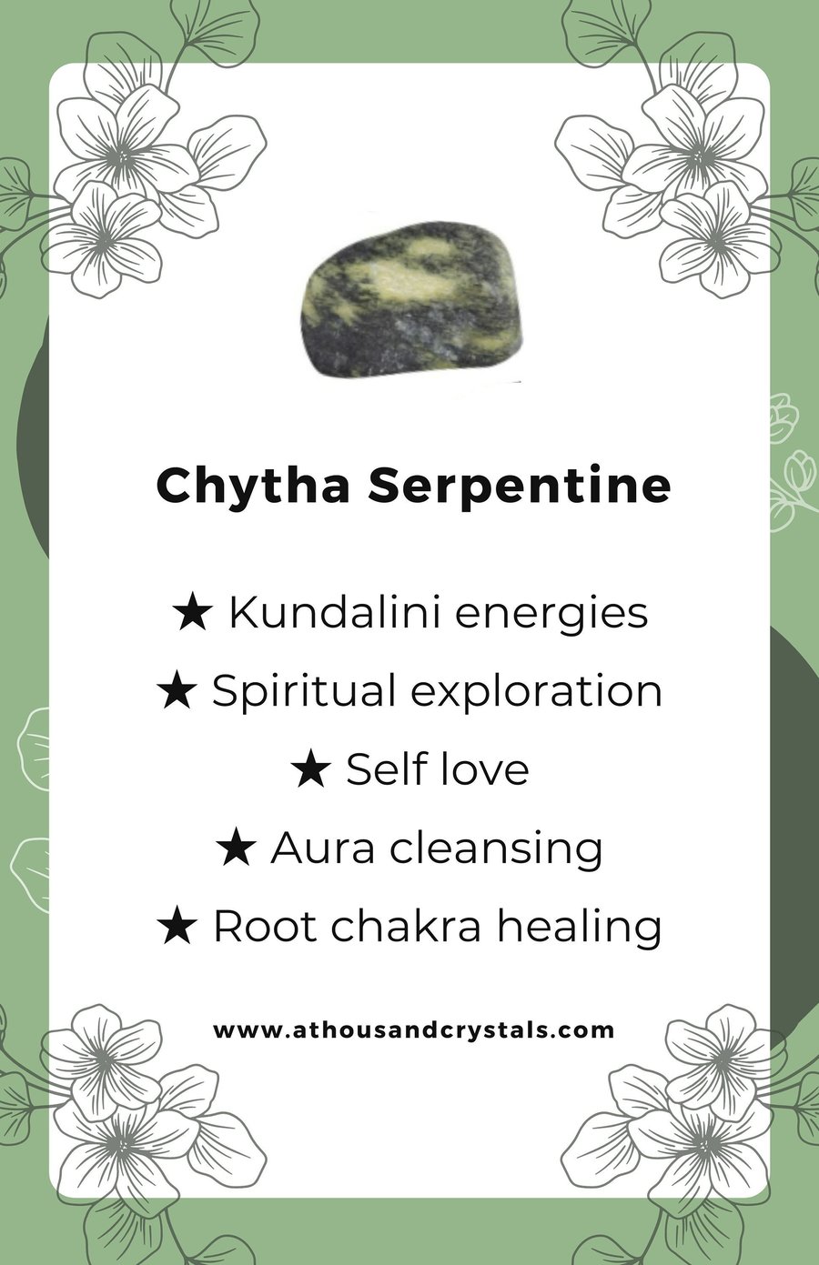 CHYTHA SERPENTINE CRYSTAL, Green Jade, Kundalini Energy, Aura Cleasning, Negativ