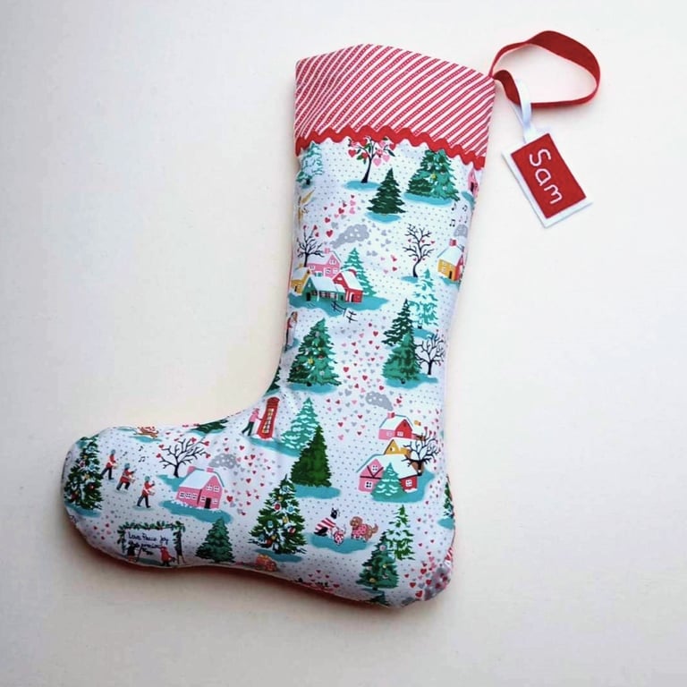 Upcycled Christmas Stocking - romantic winter scene pink red white hearts