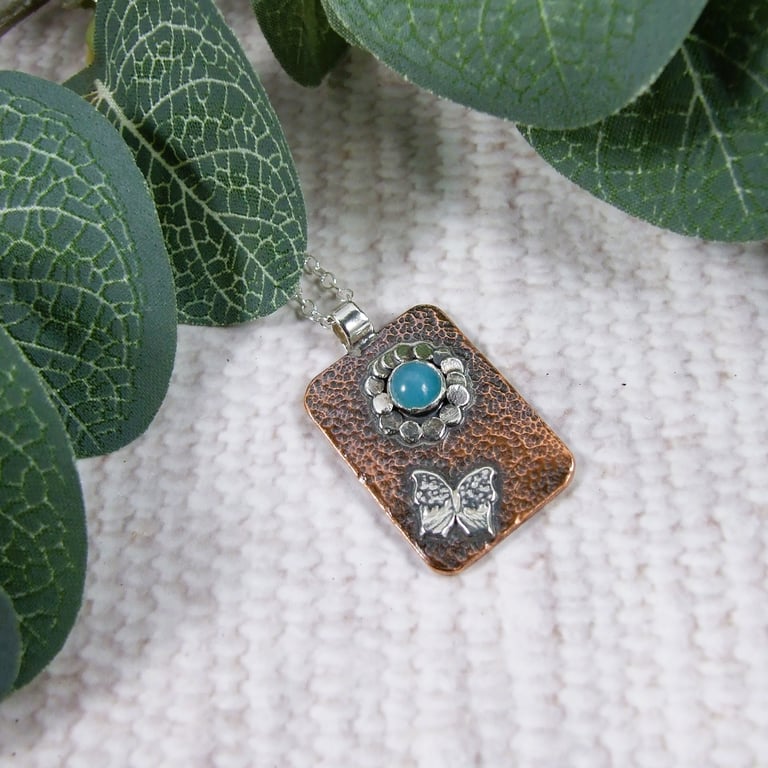 Butterfly & Flower Necklace. Sterling Silver and Copper with Amazonite Gemstone