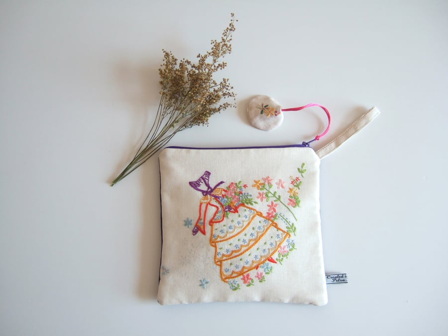 Sold make up bag with upcycled vintage embroidery crinoline lady