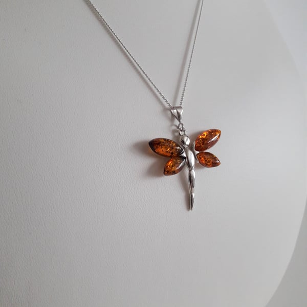 Amber Glowing Dragonfly and Sterling Silver Necklace. Dragonfly, Wildlife, 