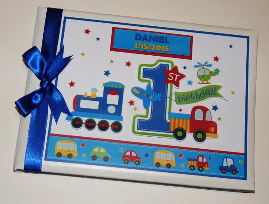 Trains and Trucks boys 1st Birthday Guest book, birthday gift