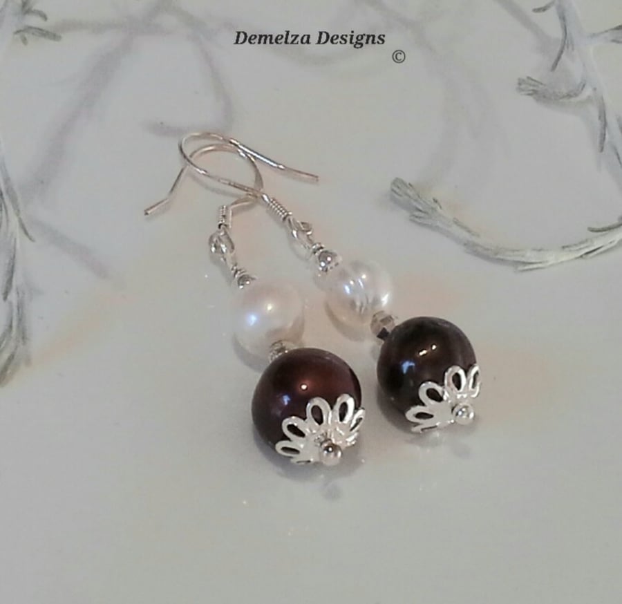 Top Quality Chocolate & White Freshwater Pearl Earings solid 925 Sterling Silver