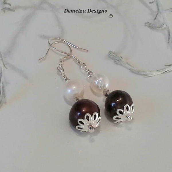 Top Quality Chocolate & White Freshwater Pearl Earings solid 925 Sterling Silver
