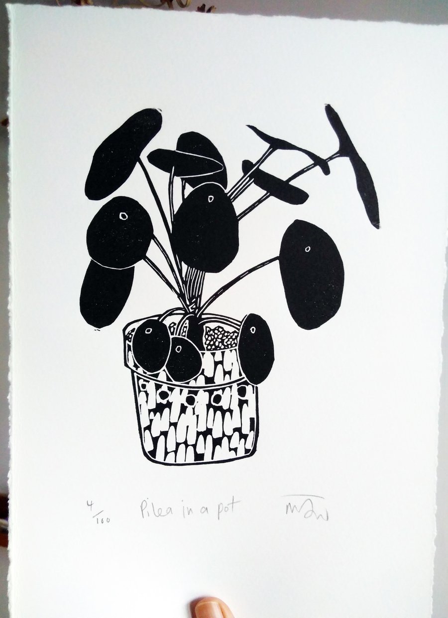 Pilea in a Pot - lino cut print
