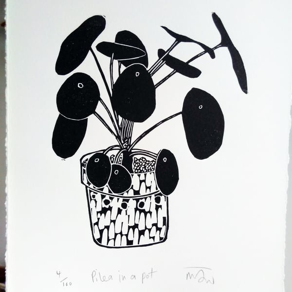 Pilea in a Pot - lino cut print