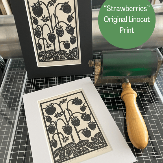 Lino Print - Strawberries - Berry Print - Original Print