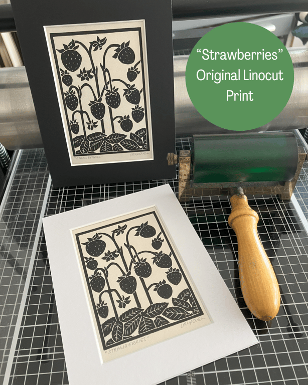 Lino Print - Strawberries - Berry Print - Original Print