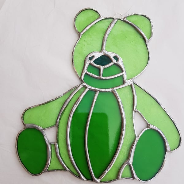 483 Stained Glass green Teddy Bear - handmade hanging decoration.