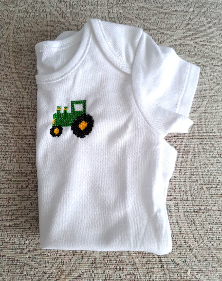 Green tractor, baby vest, age 9-12 months, hand embroidered