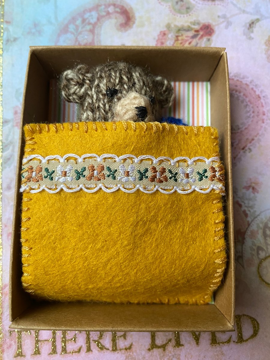 Cute Knitted Brown Teddy Bear in Matchbox