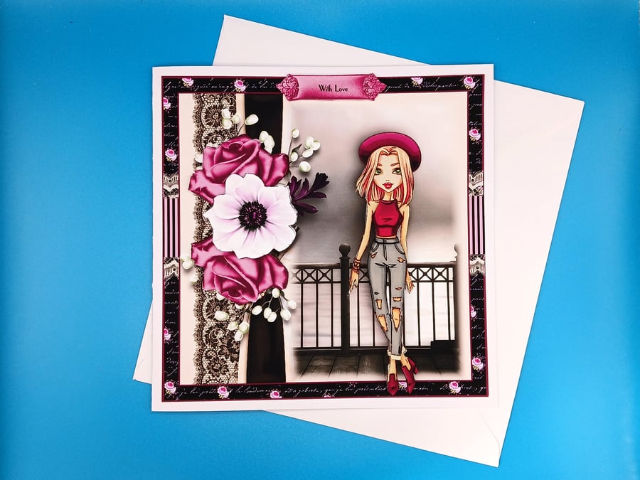 Teenage Girl Birthday Card, Large Card, Decoupage 