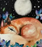 Mounted Original Whimsical Resting Red Fox in Moonlight Midnight Meadow Art - Image 2