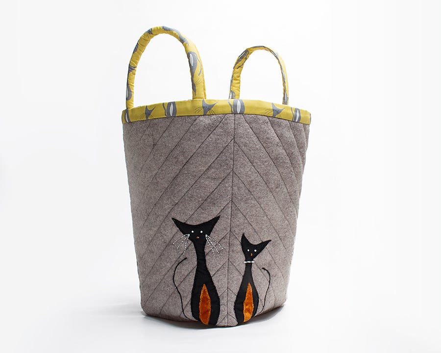 Big grey felt project bag with two appliquéd cats
