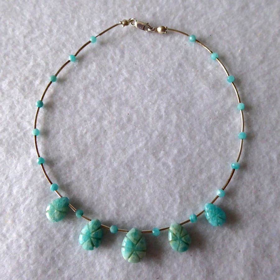 Amazonite Carved Teardrop and Sterling Silver Anklet